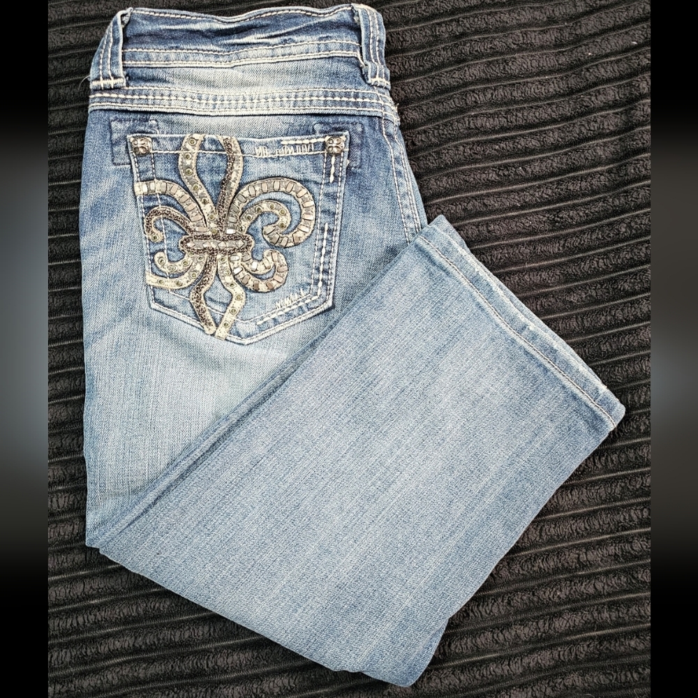 Miss Me Light Blue Boot Cut Capri Jeans with Silver Embellishment